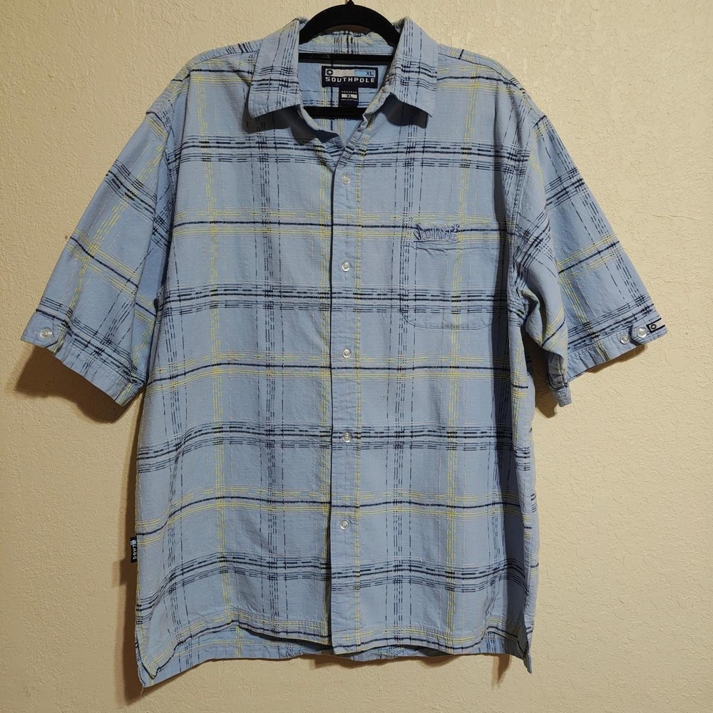 Southpole Mens XL Blue Plaid Button Up Shirt Short Sleeve Skater Grunge RN82628